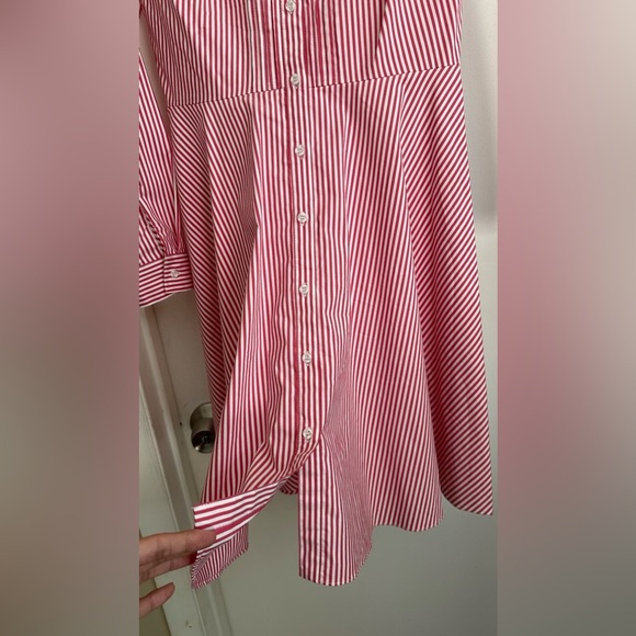 Cremieux Red and White Stripe Pin-tuck Button Down Shirt Dress 4 - Picture 6 of 9